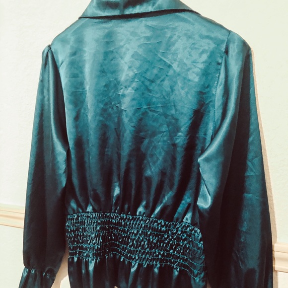 Teal Satin Tie Blouse - Picture 3 of 4